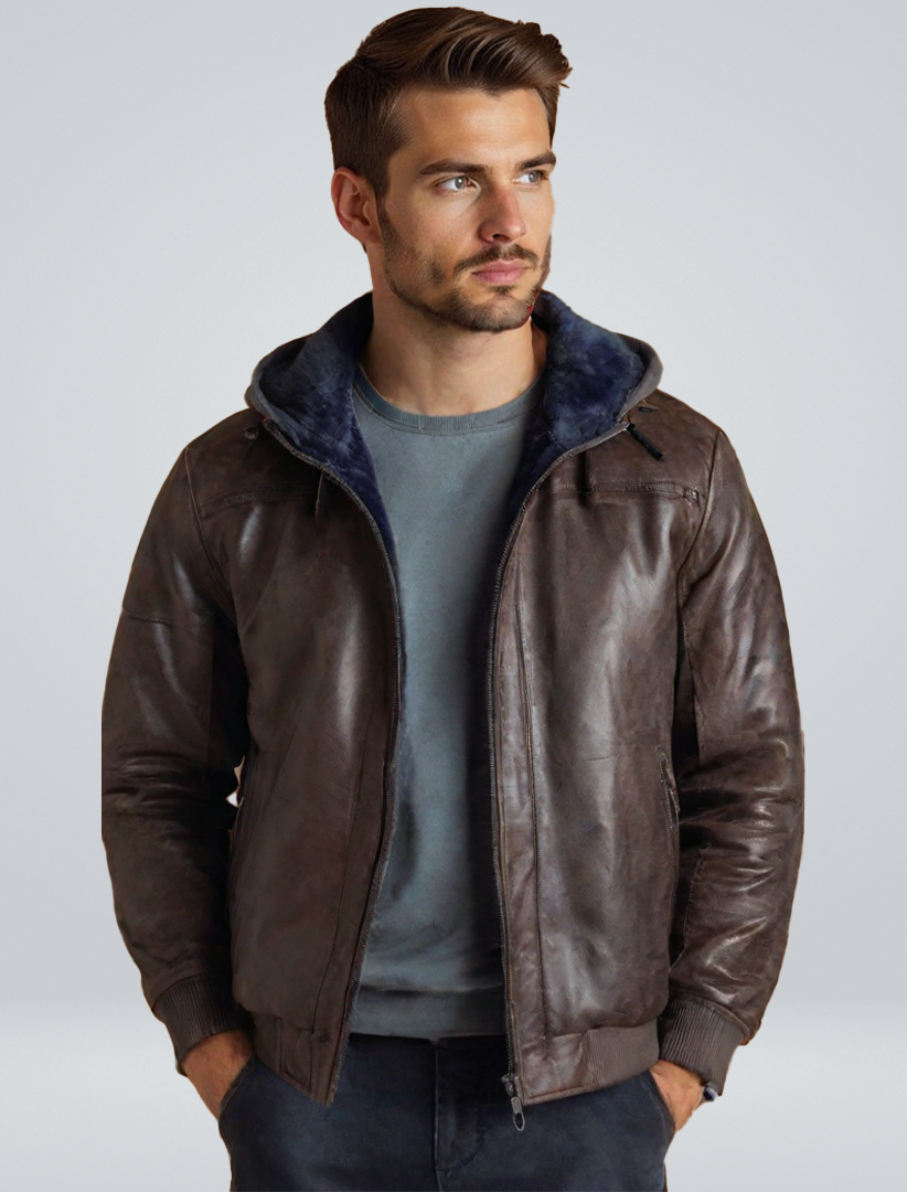 Echtleder Damen Winterjacke mit Kapuze Schwarz - Norvielle