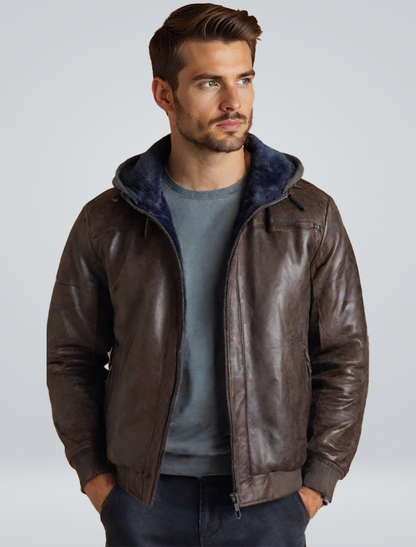 Echtleder Damen Winterjacke mit Kapuze Schwarz - Norvielle