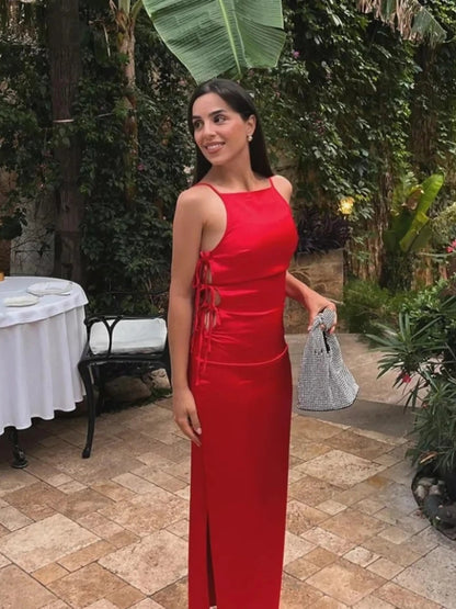 Damen Maxikleid Rotes Sommerkleid Mit Schnürung