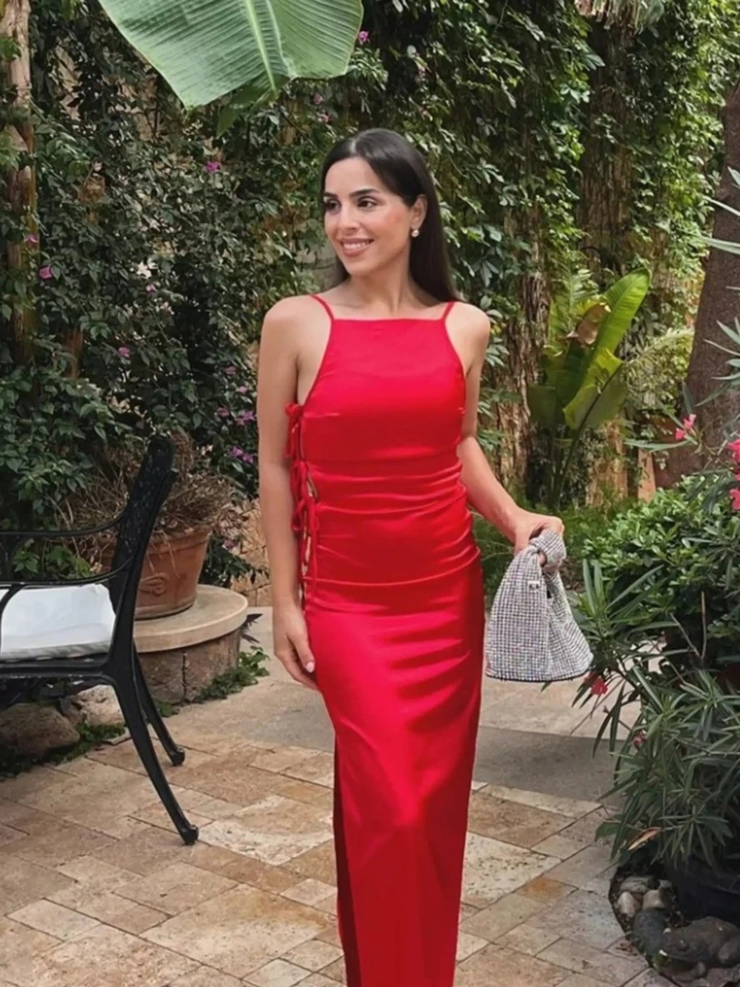 Damen Maxikleid Rotes Sommerkleid Mit Schnürung