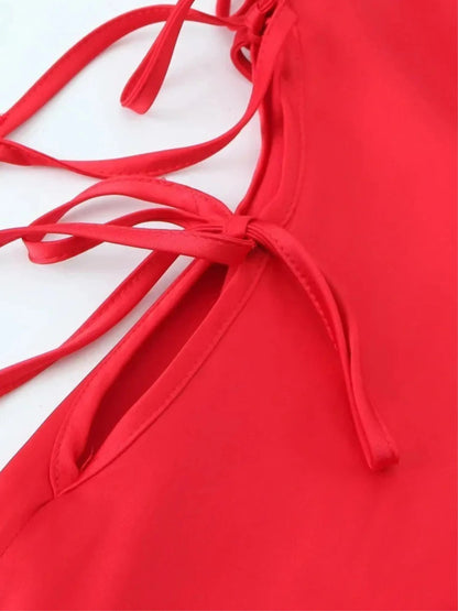 Damen Maxikleid Rotes Sommerkleid Mit Schnürung