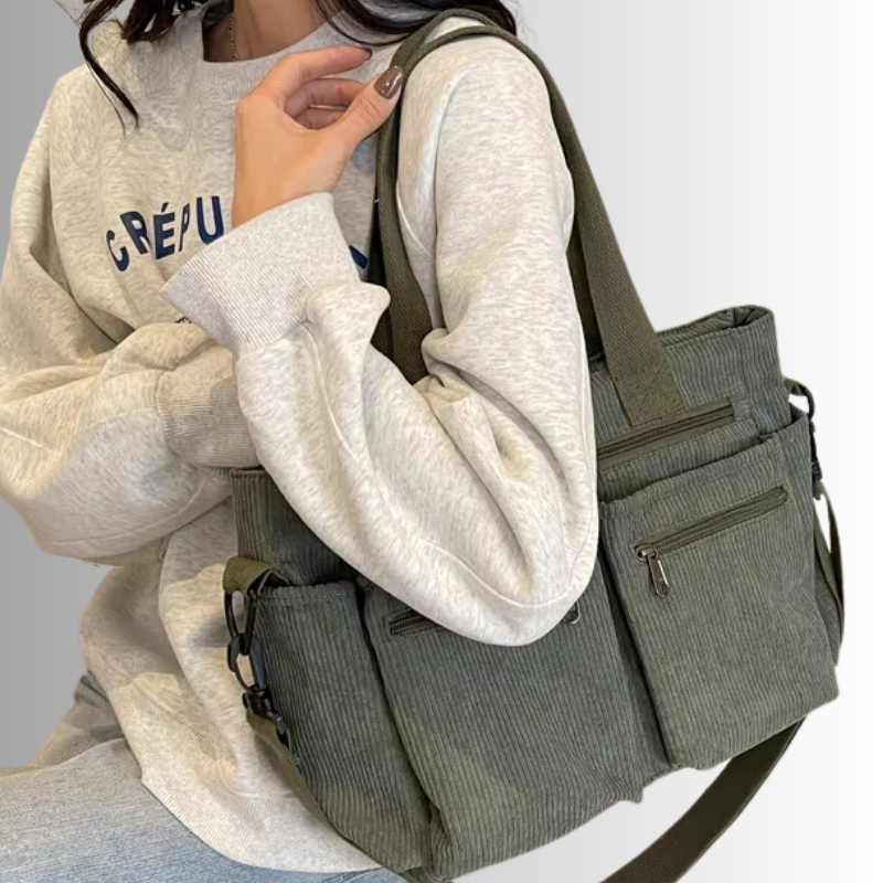 Große Cord Schultertasche Reißverschluss Stylisch