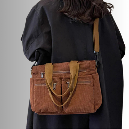 Braune Cord-Handtasche mit Reißverschlüssen