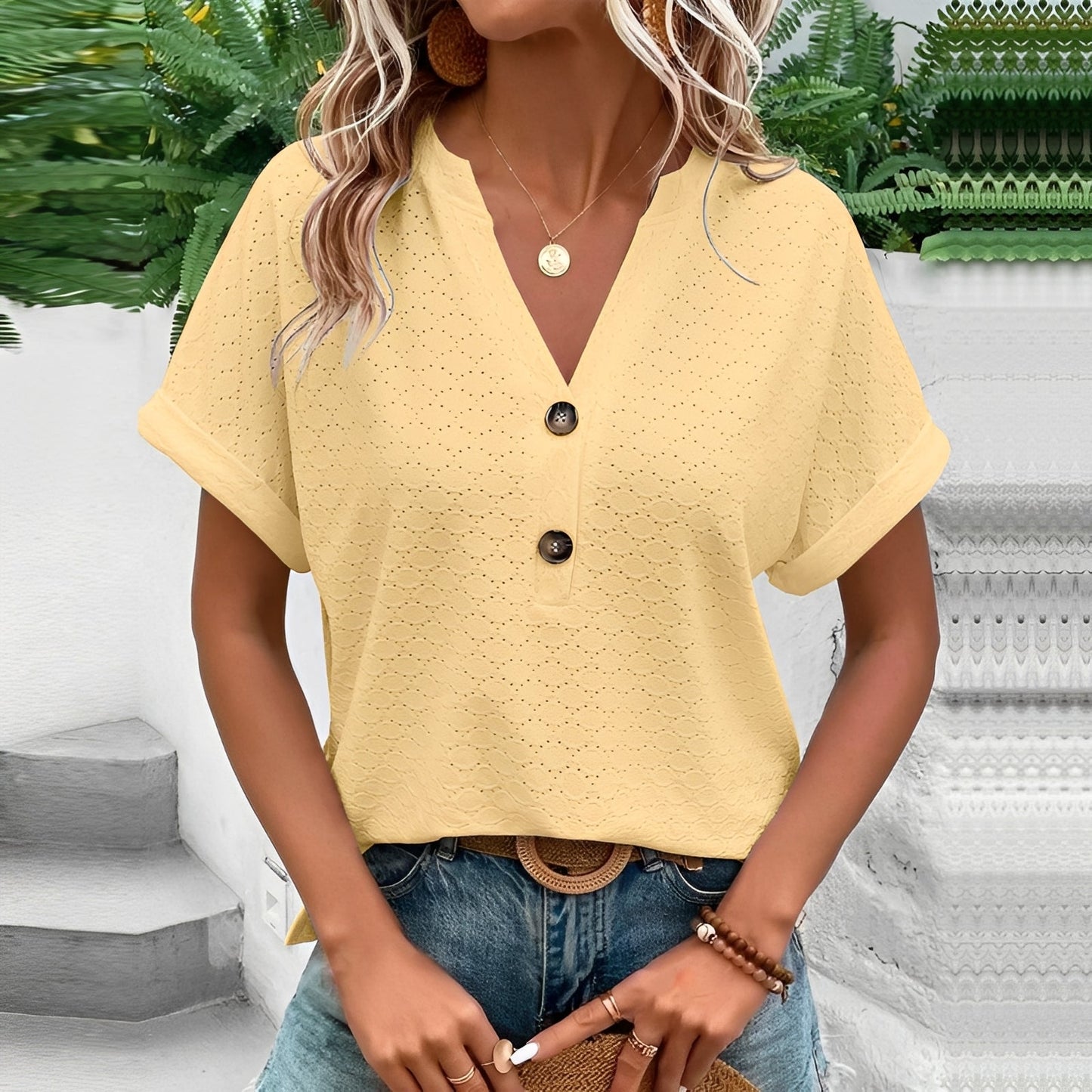 Damen Bluse Kurzarm Knöpfe Stilvoll - Norvielle