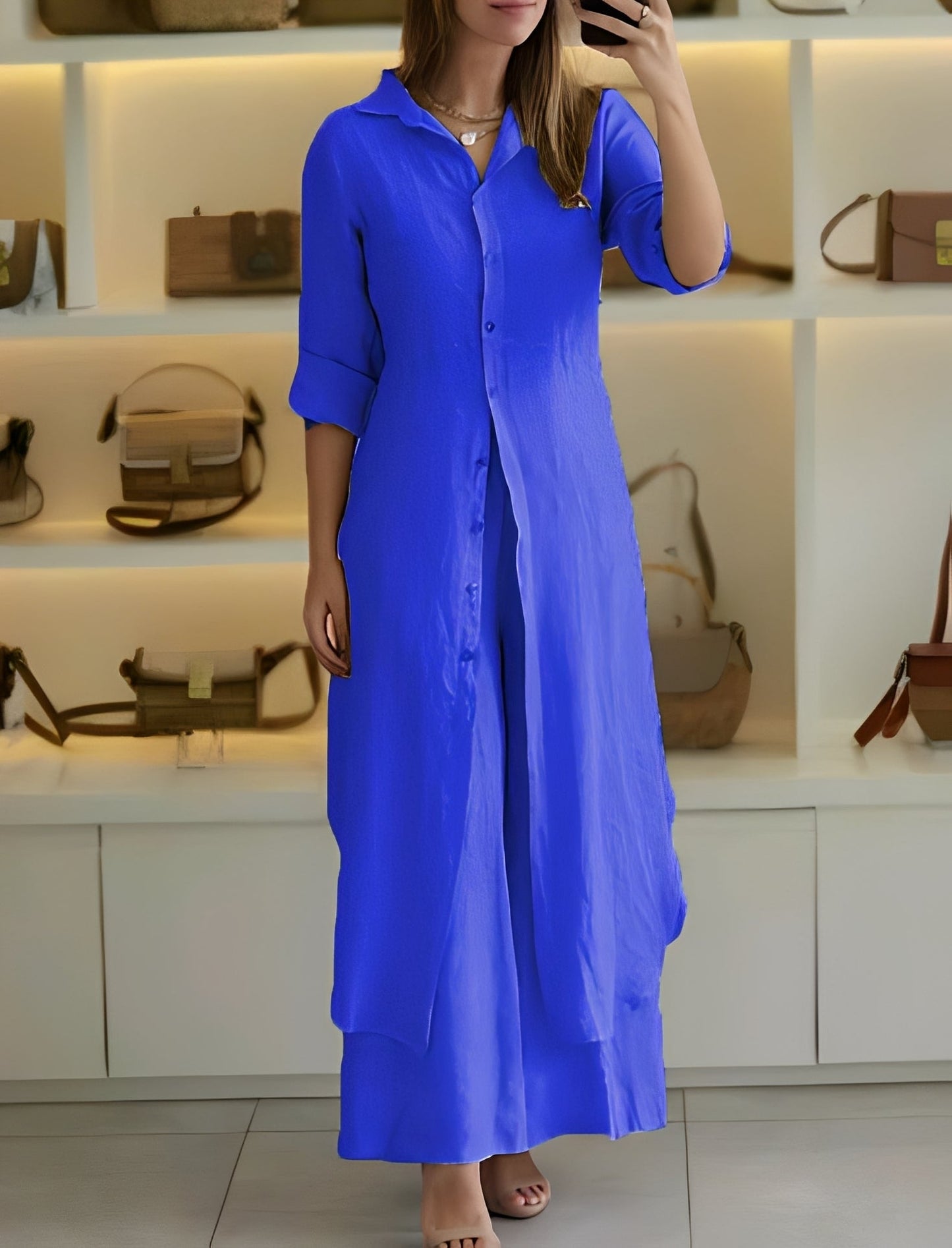 Damen Elegantes Langärmelhemd Set Zweiteiler