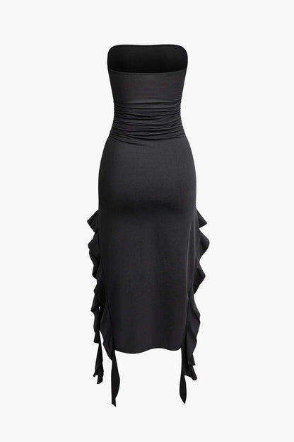 Damen Maxikleid Volant Rüschen Eleganz