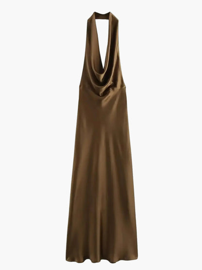 Damen Satin Maxikleid Wasserfallkragen Elegantes