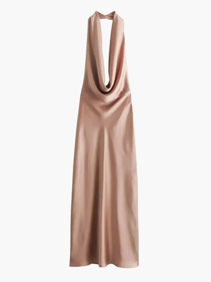 Damen Satin Maxikleid Wasserfallkragen Elegantes