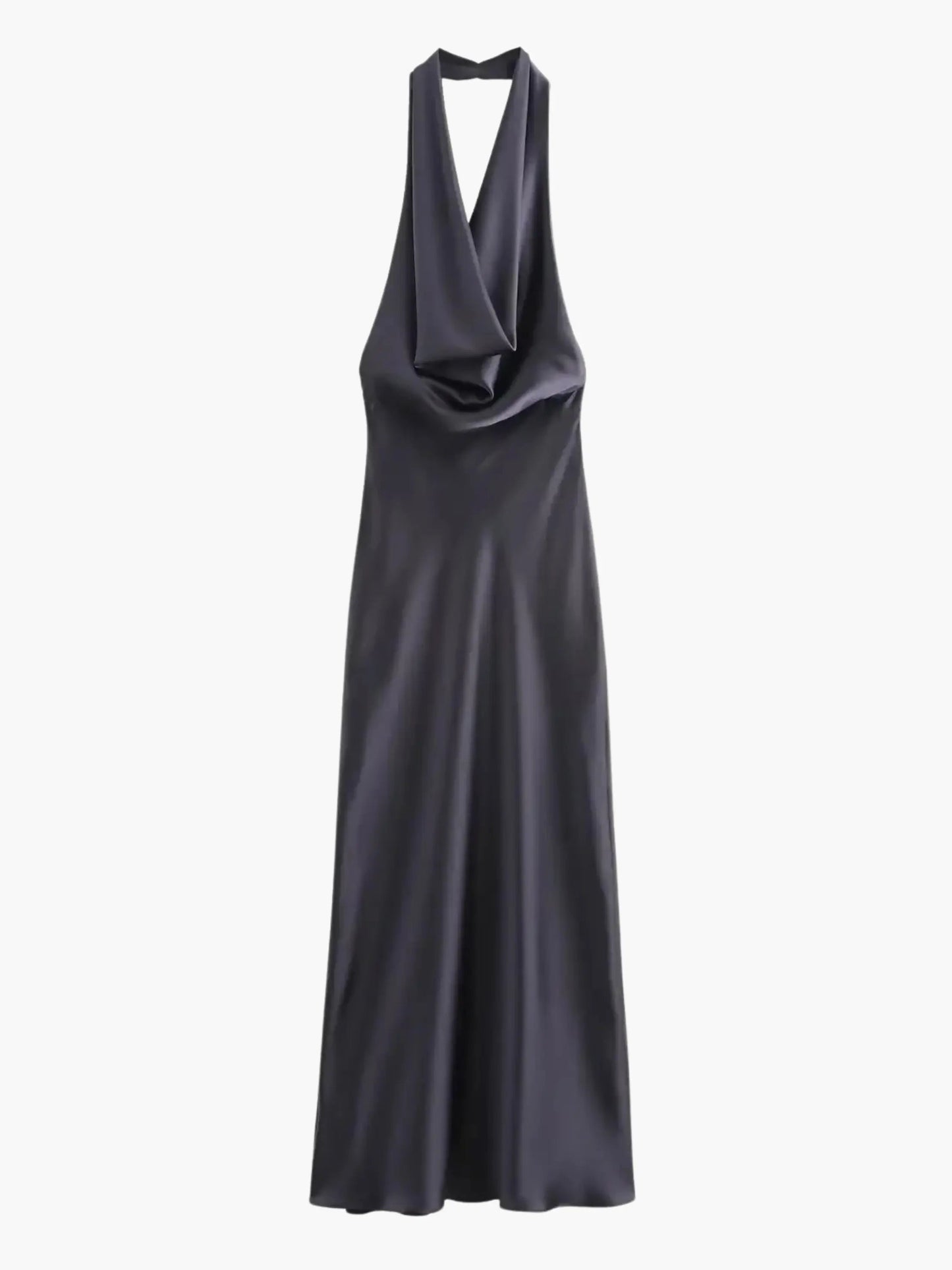 Damen Satin Maxikleid Wasserfallkragen Elegantes