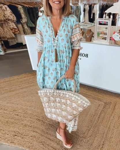 Damen Sommerkleid V-Ausschnitt Bedruckt Midi