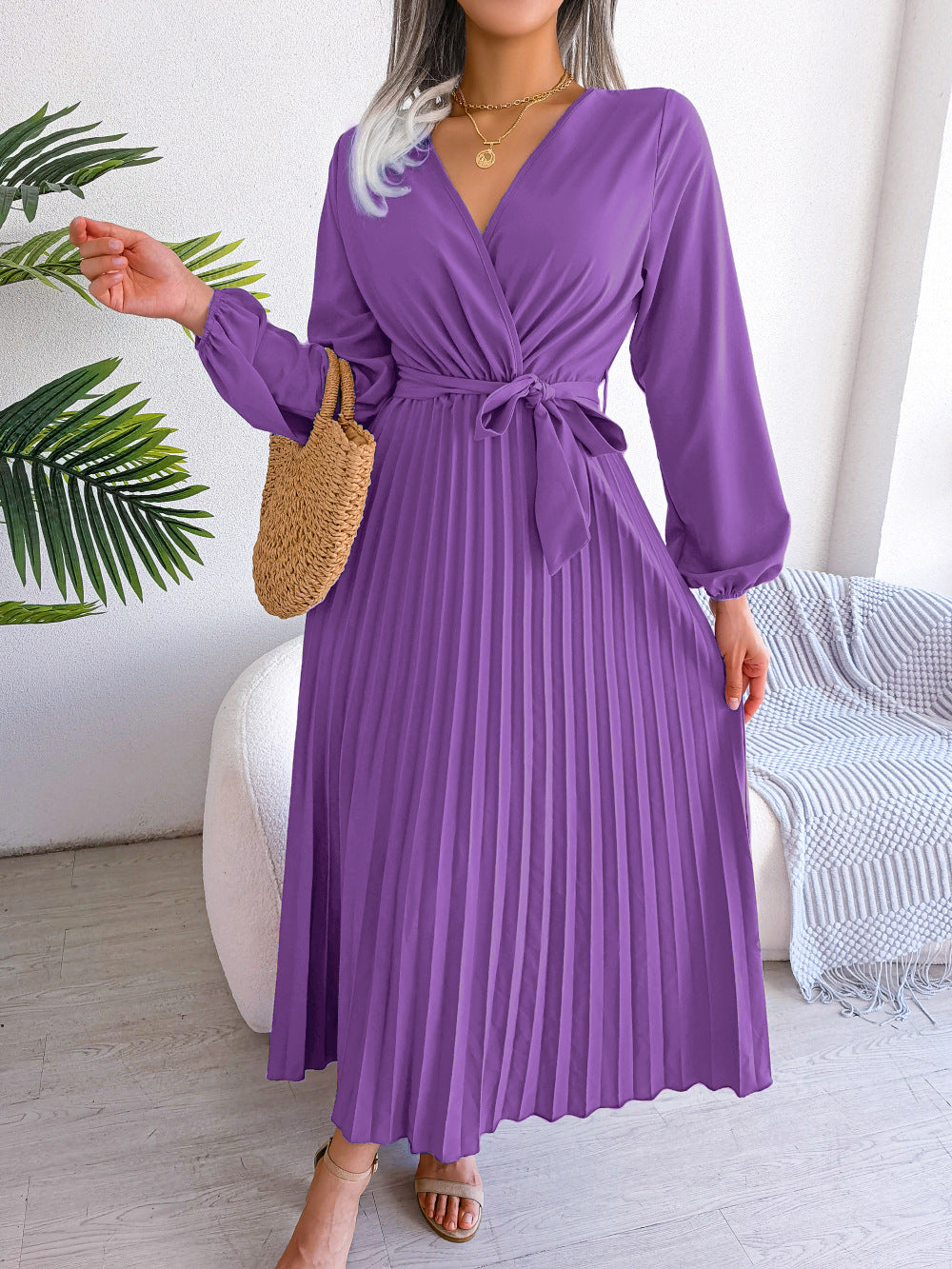 Damen Maxikleid Plissee Gürtel Langkleid