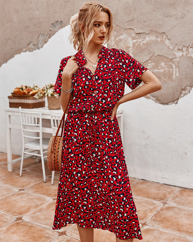 Damen Sommerkleid Kurzarm Elegant Kragen