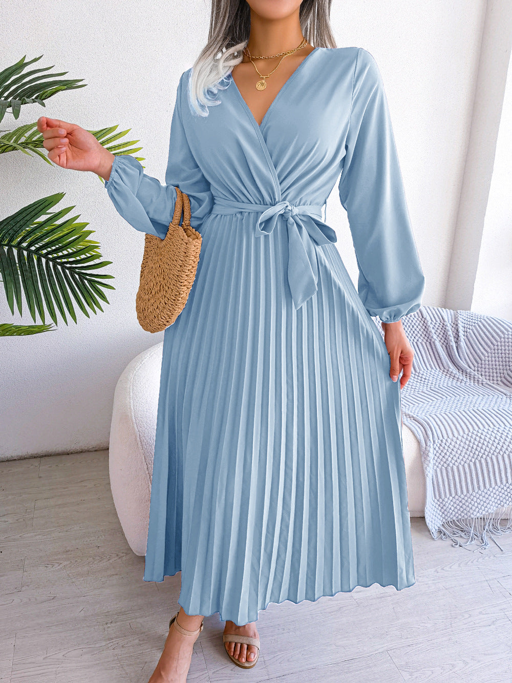 Damen Maxikleid Plissee Gürtel Langkleid