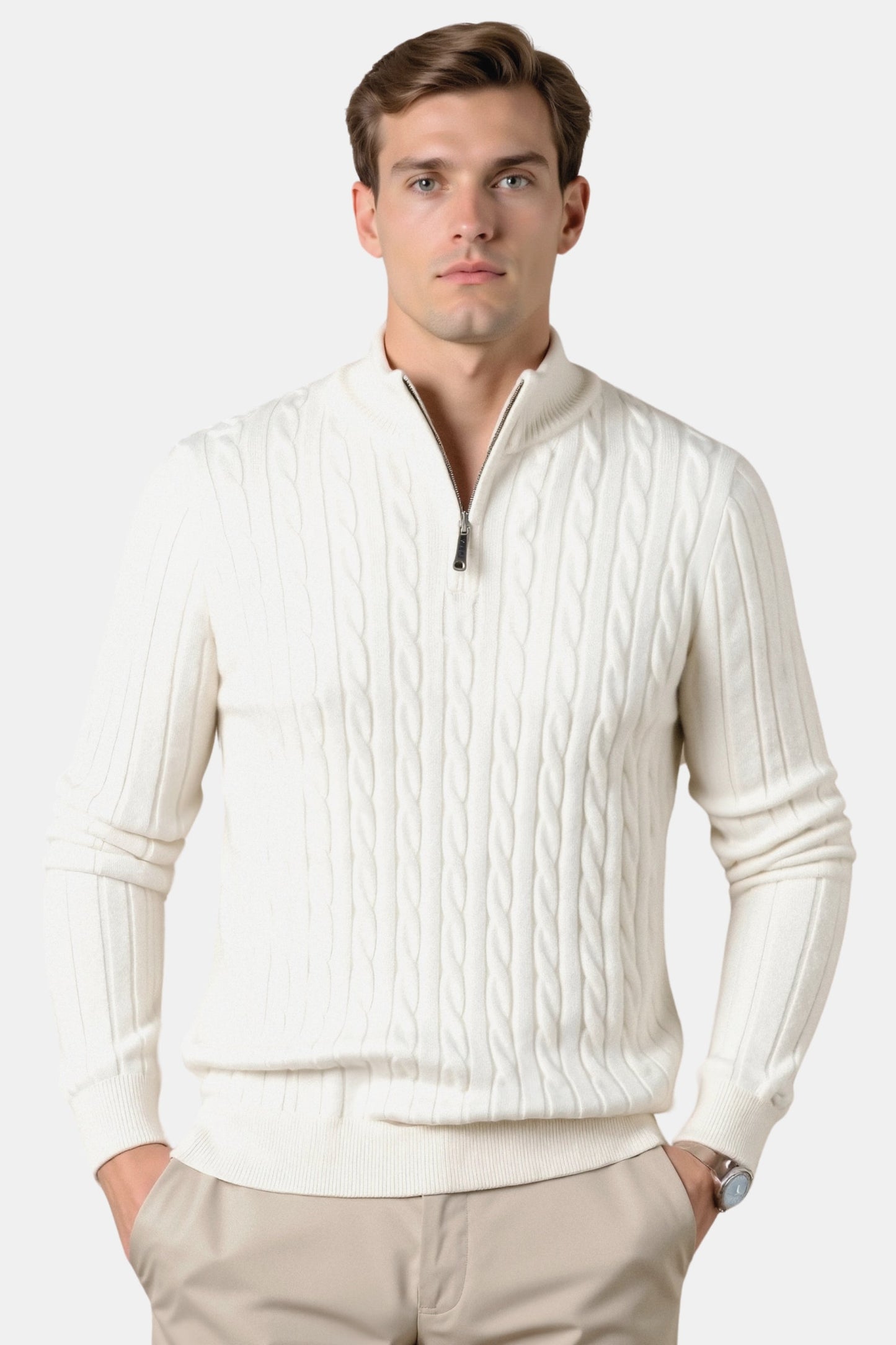 Damen Strickpullover Zopfmuster Reißverschluss