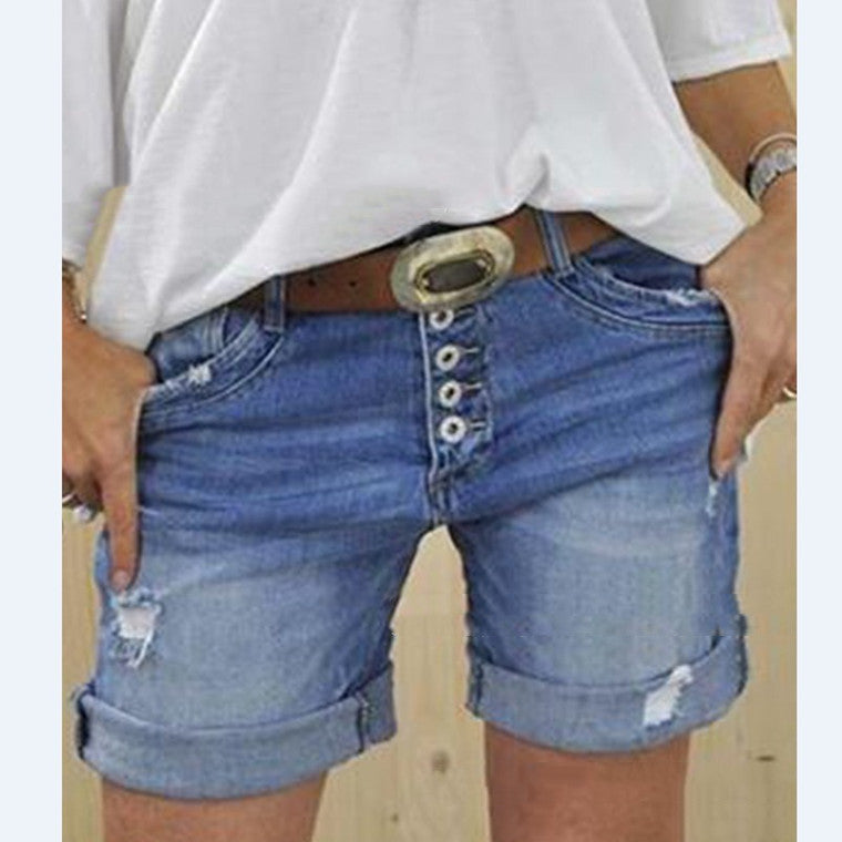 Rippen-Shorts Zerrissene Denim Damen