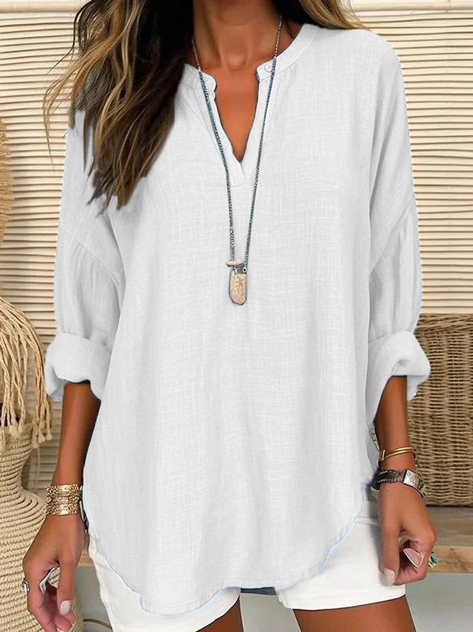 Damen Leinenbluse Lockere Knopfverschluss Sommer Weiss