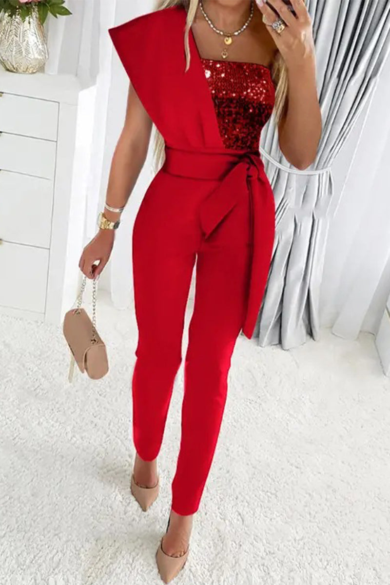 Elegantes Frauen Abendkleid Jumpsuit Glitzer Schulter