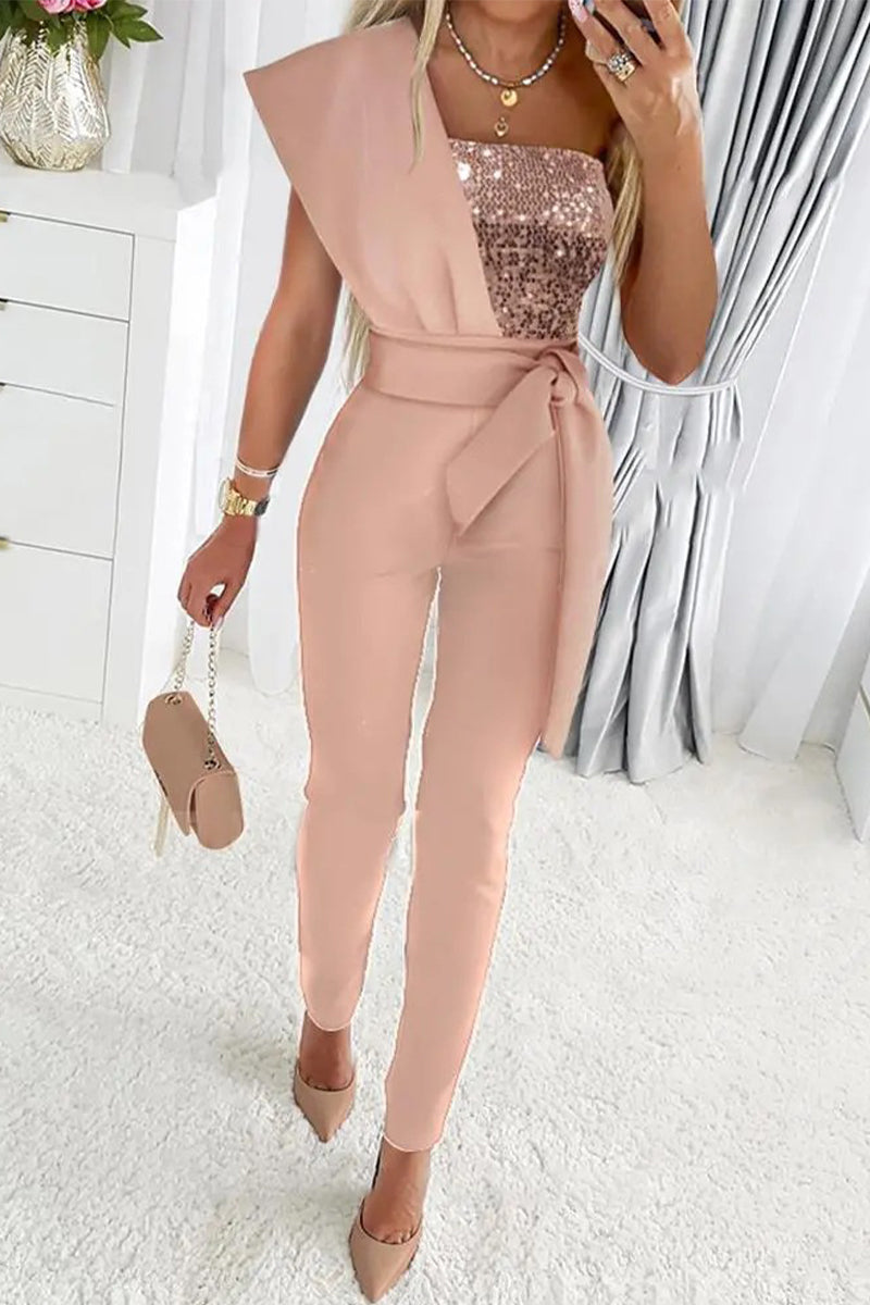 Elegantes Frauen Abendkleid Jumpsuit Glitzer Schulter