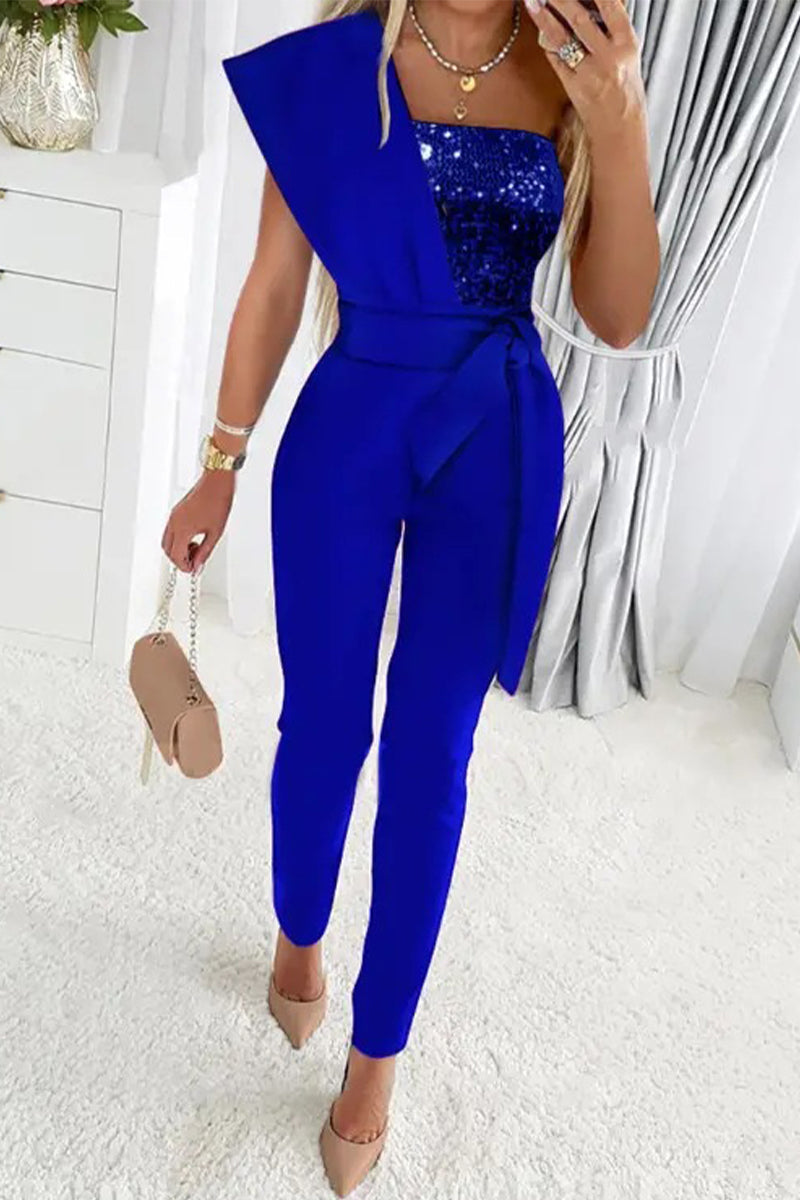 Elegantes Frauen Abendkleid Jumpsuit Glitzer Schulter