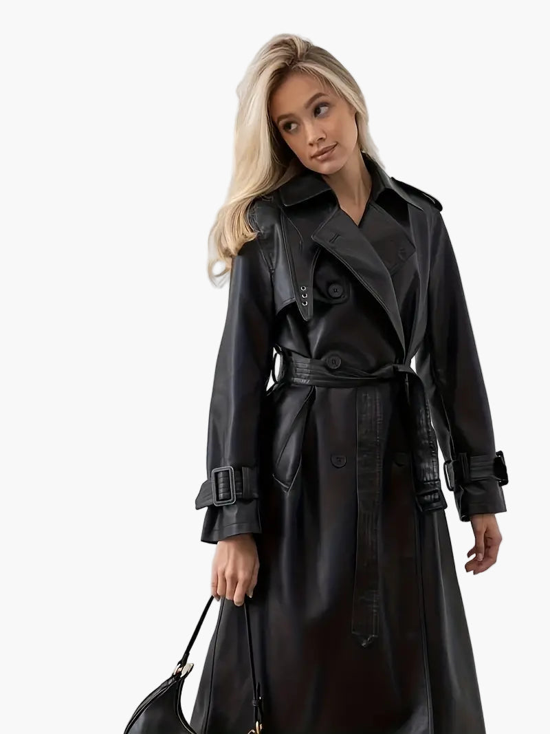 Damen Trenchcoat Lang Gürtetragend Kunstleder Schwarz - Norvielle