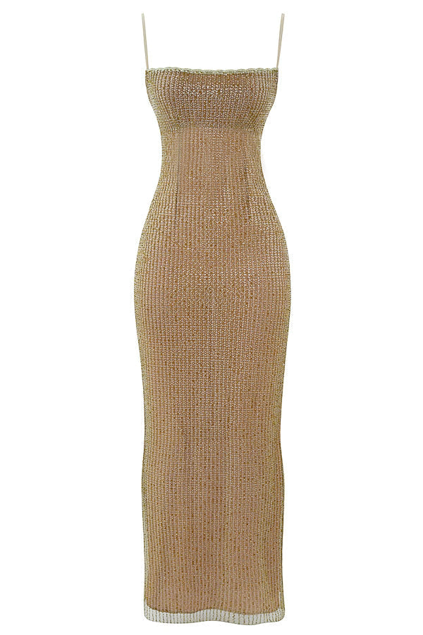 Damen Maxi-Kleid Pailletten Gold