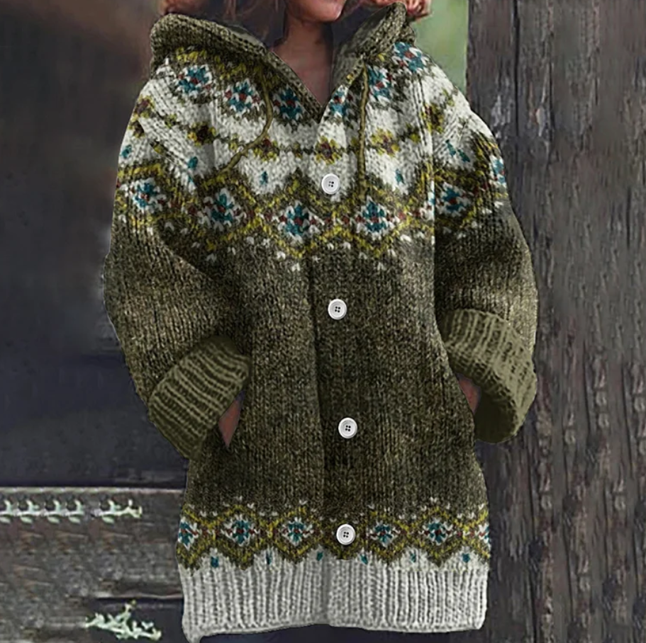 Damen Kapuzenstrickjacke Fair Isle Warm