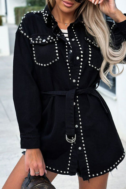 Punk Damen Jeansjacke Nieten Kragen Lange Ärmel