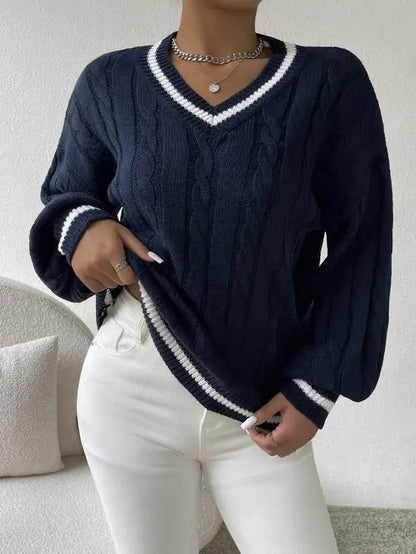 Gestreifter Damenpullover V-Ausschnitt Kabelstrick Warm - Norvielle