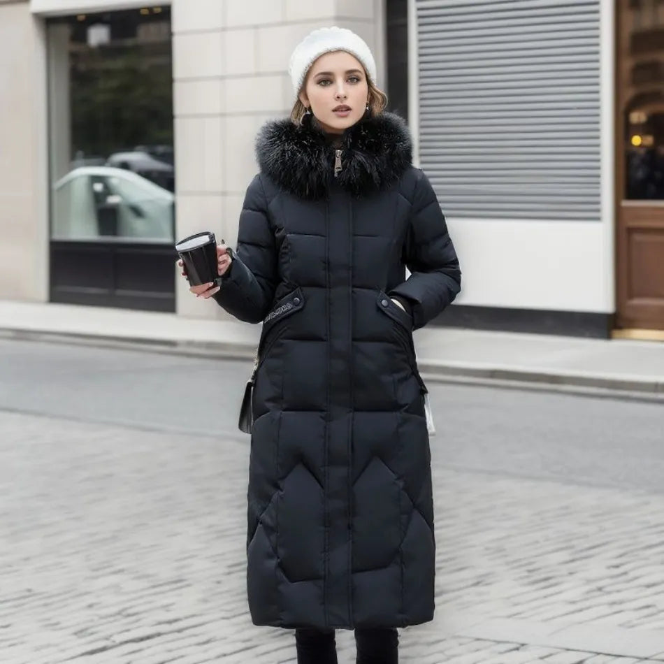 Damen Daunenmantel Lang Warm Steppmantel Mit Kragen