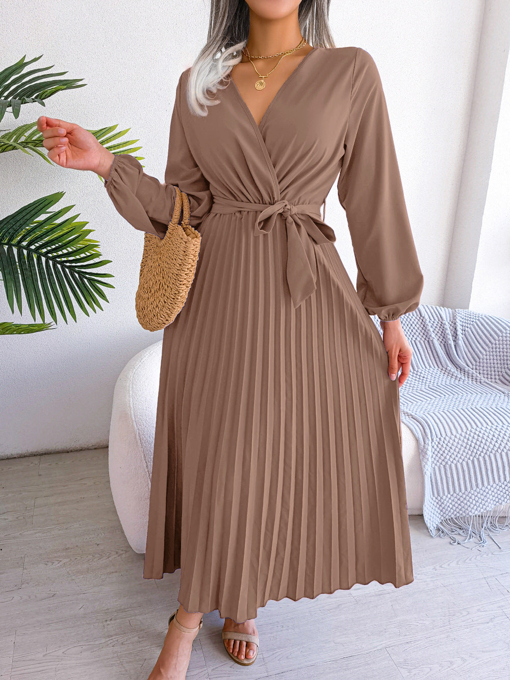 Damen Maxikleid Plissee Gürtel Langkleid