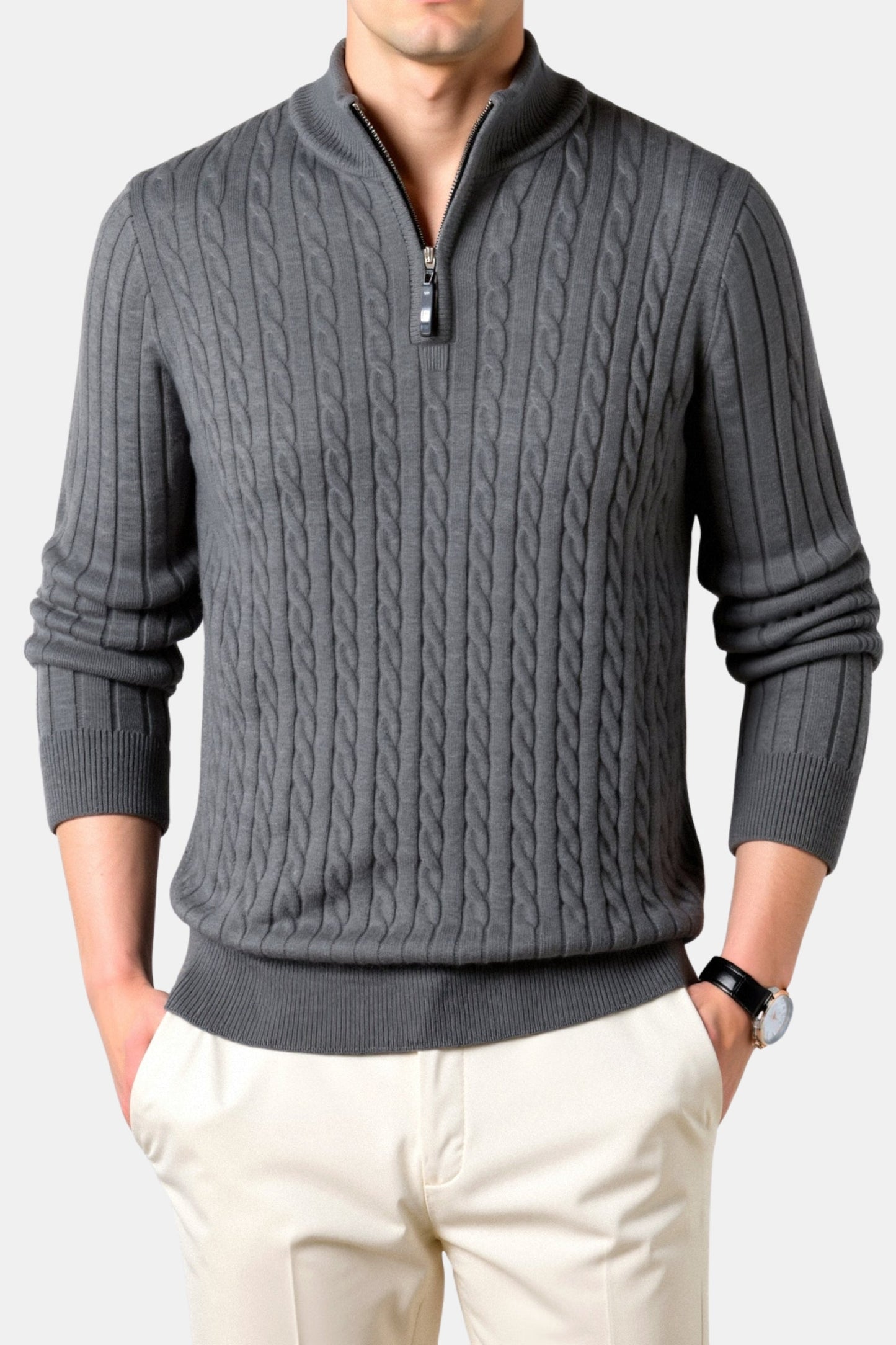 Damen Strickpullover Zopfmuster Reißverschluss