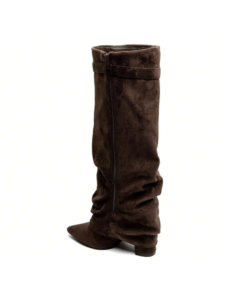 Damen Faltstiefel Niedriger Absatz Spitze Zehen
