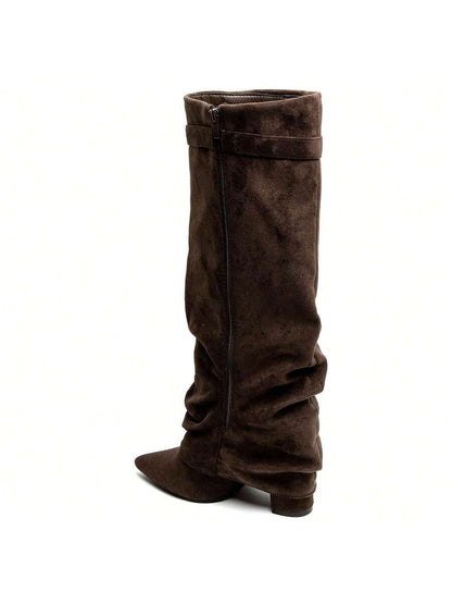 Damen Faltstiefel Niedriger Absatz Spitze Zehen