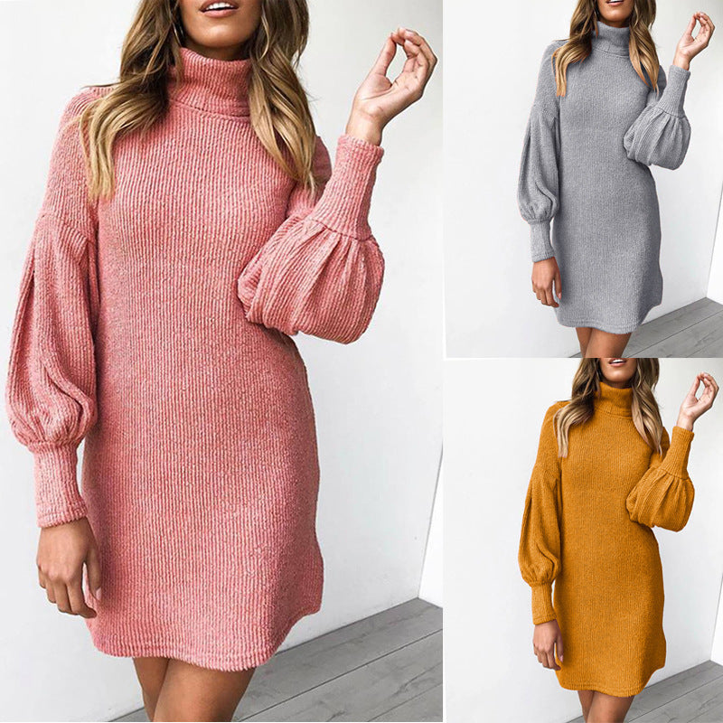 Damen Rippstrick Kleid Kuschelig Puffärmel Hochkragen - Norvielle