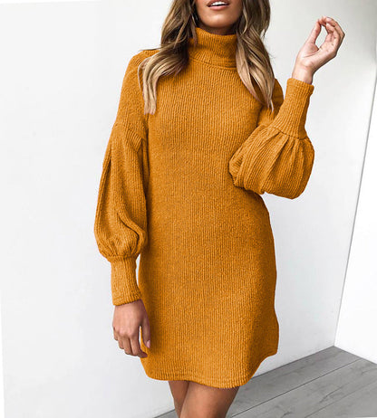 Damen Rippstrick Kleid Kuschelig Puffärmel Hochkragen