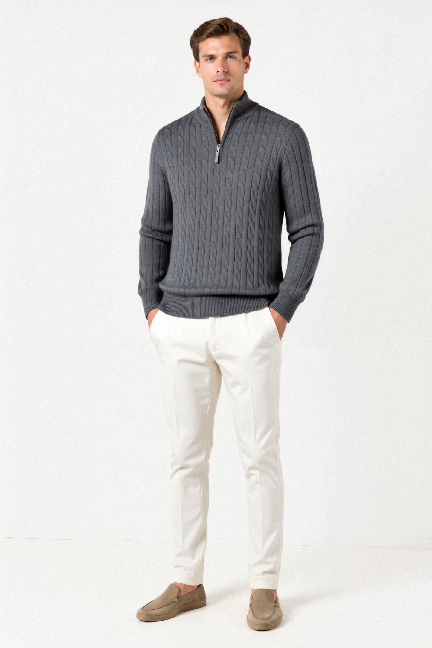 Damen Strickpullover Zopfmuster Reißverschluss