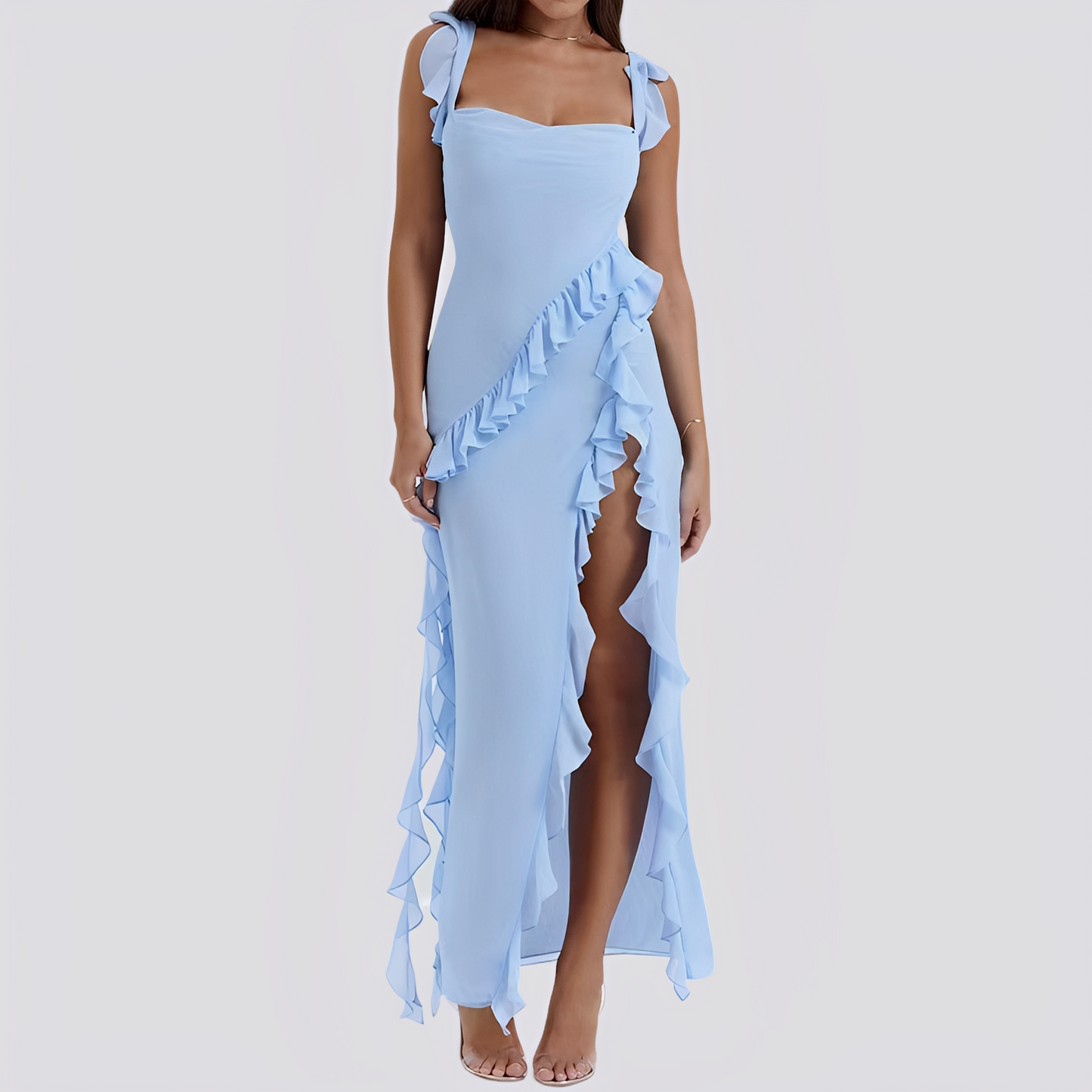 Damen Sommerkleid Rüschen Hochschlitz Lässig