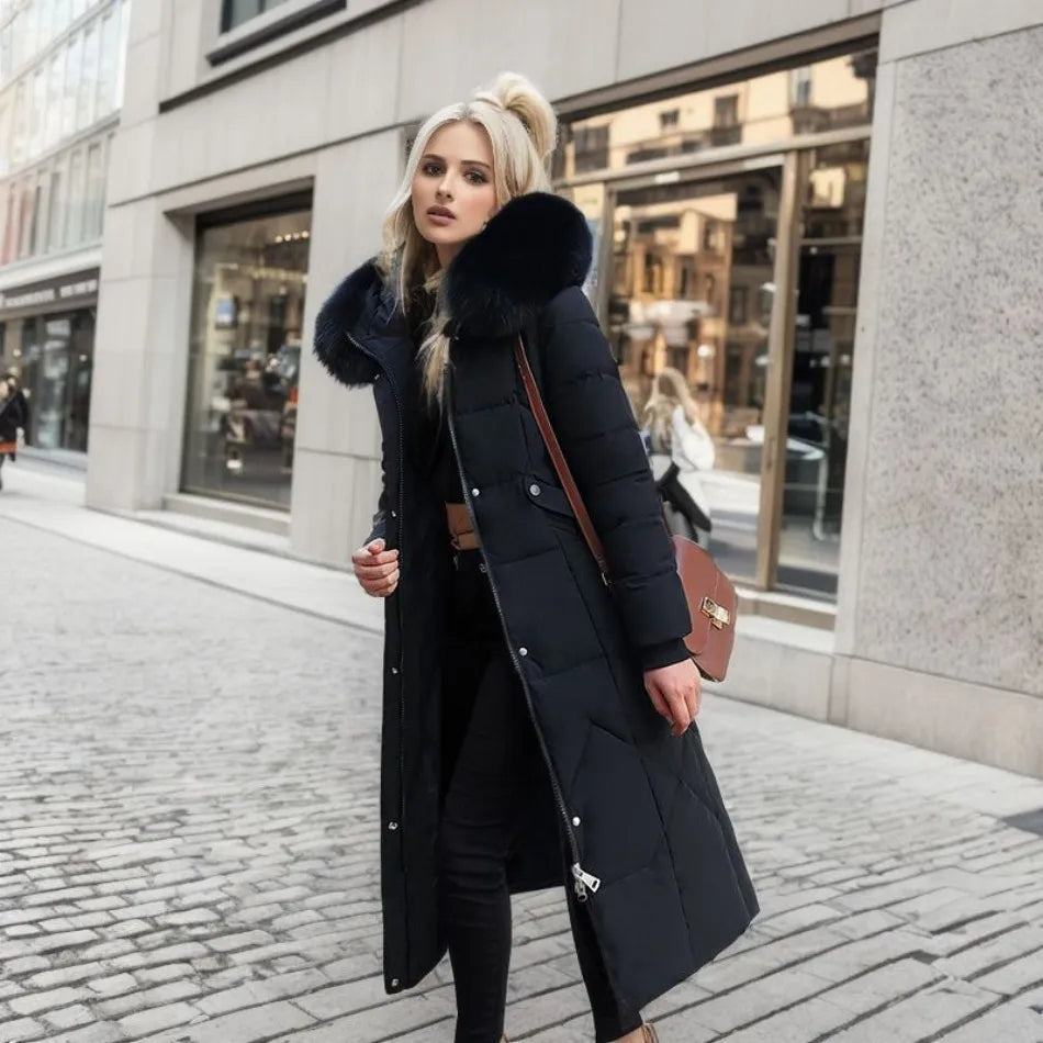 Damen Daunenmantel Lang Warm Steppmantel Mit Kragen
