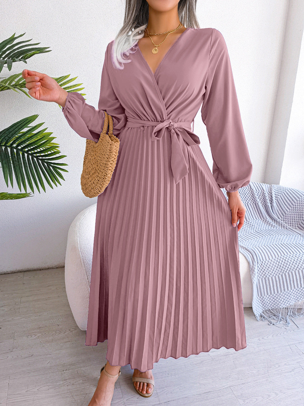 Damen Maxikleid Plissee Gürtel Langkleid