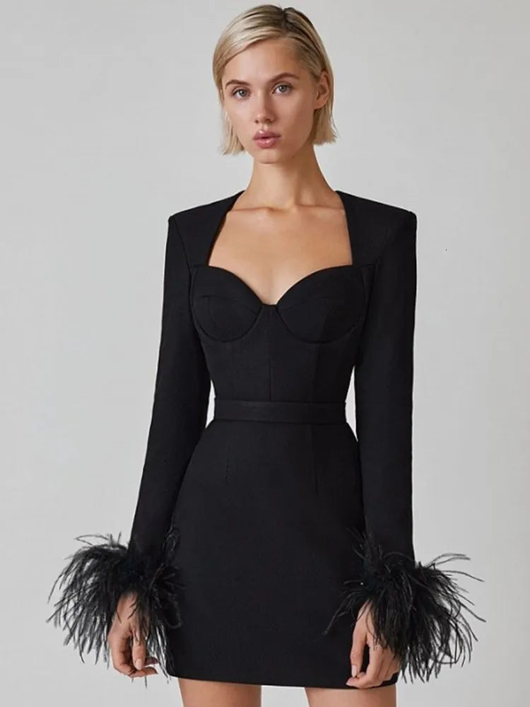 Damen Minikleid Elegant Mit Federdetails Schwarz - Norvielle
