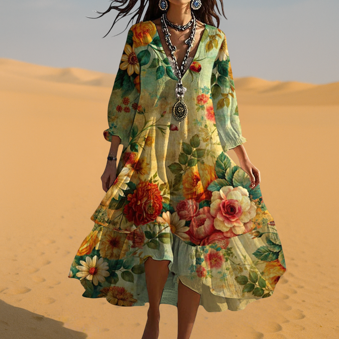 Damen Boho Sommerkleid V-Ausschnitt Vintage Stil