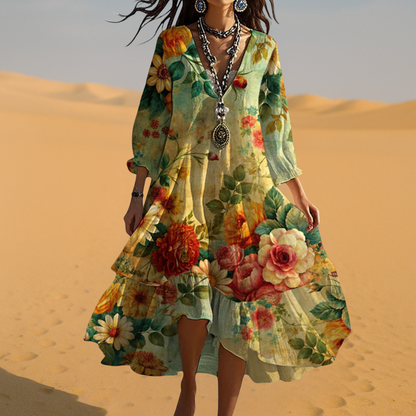 Damen Boho Sommerkleid V-Ausschnitt Vintage Stil