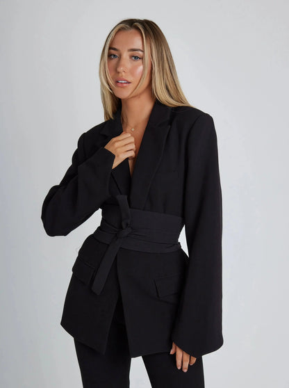 Damen Blazer Mit Gürtel Elegant Schwarz - Norvielle