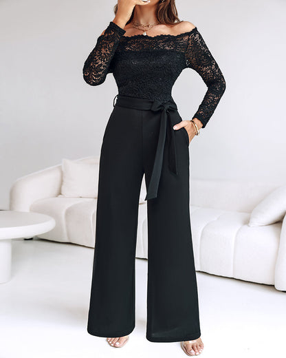 Damen Jumpsuit Weites Hosenbein Spitze Elegant