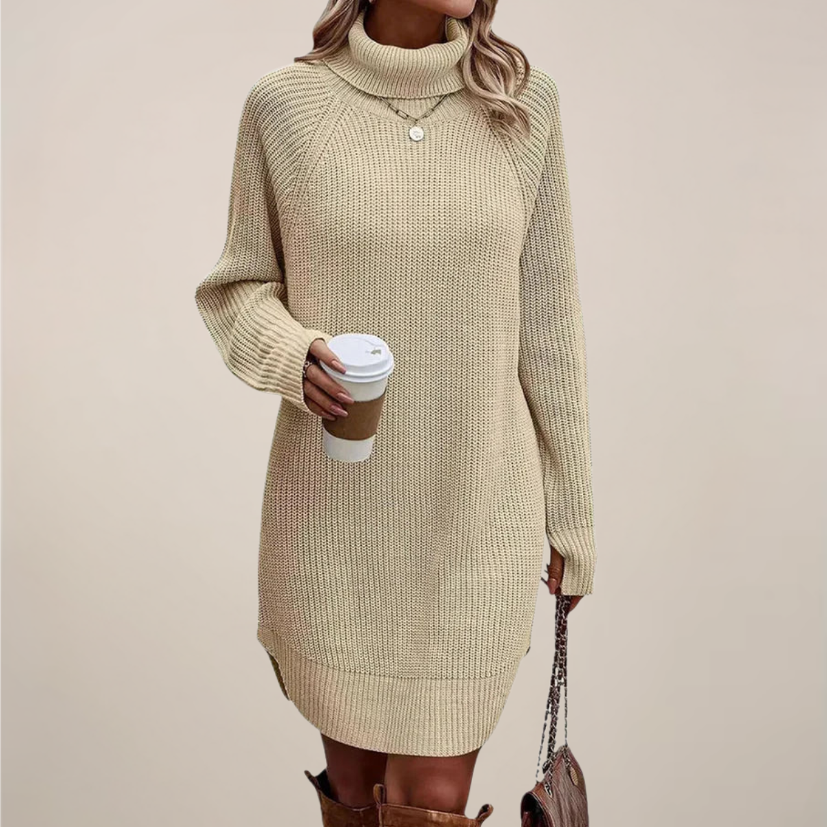 Damen Langarm Pulloverkleid Rollkragen Warm