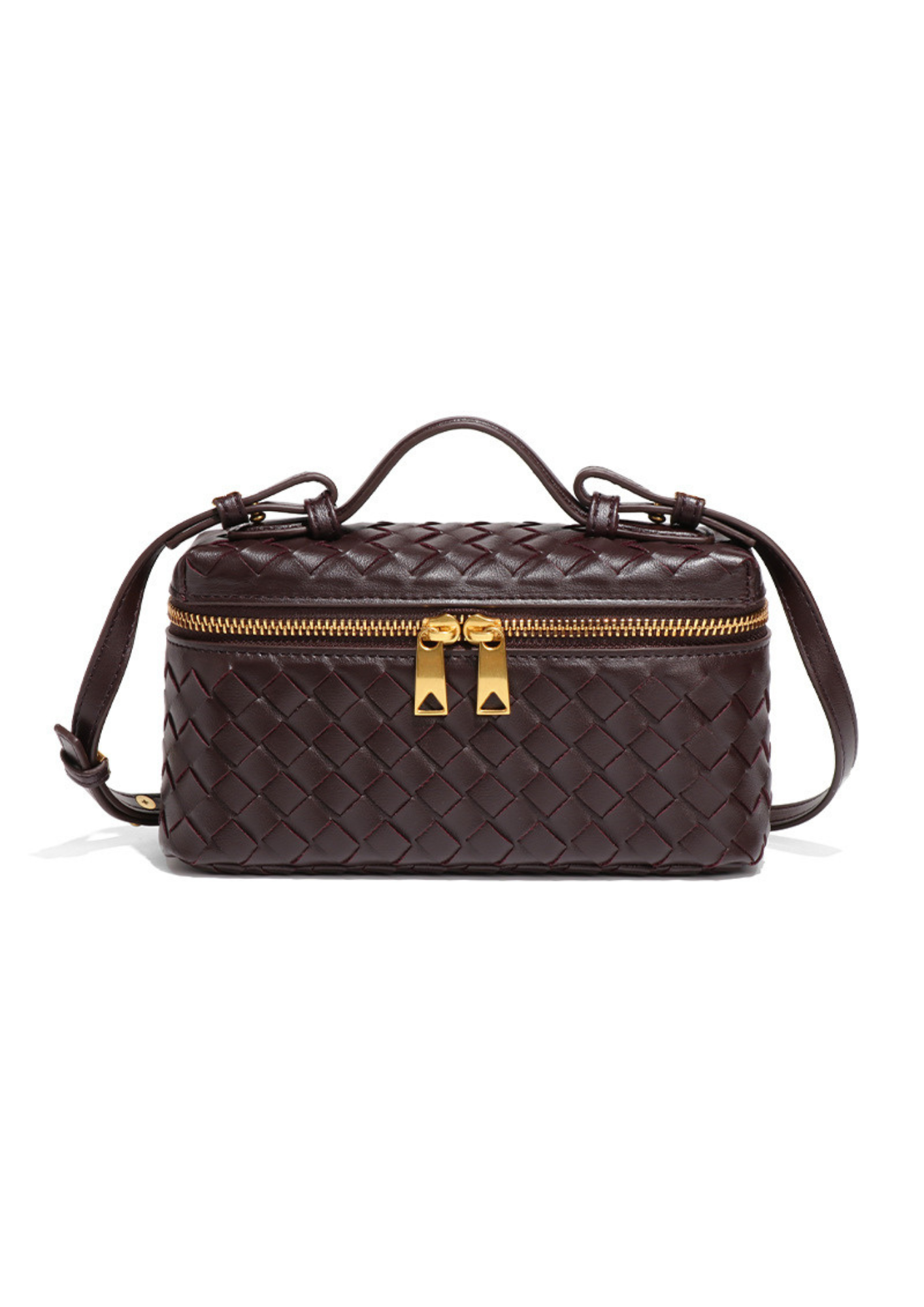 Braun geflochtene Crossbody-Tasche mit goldenem Reißverschluss