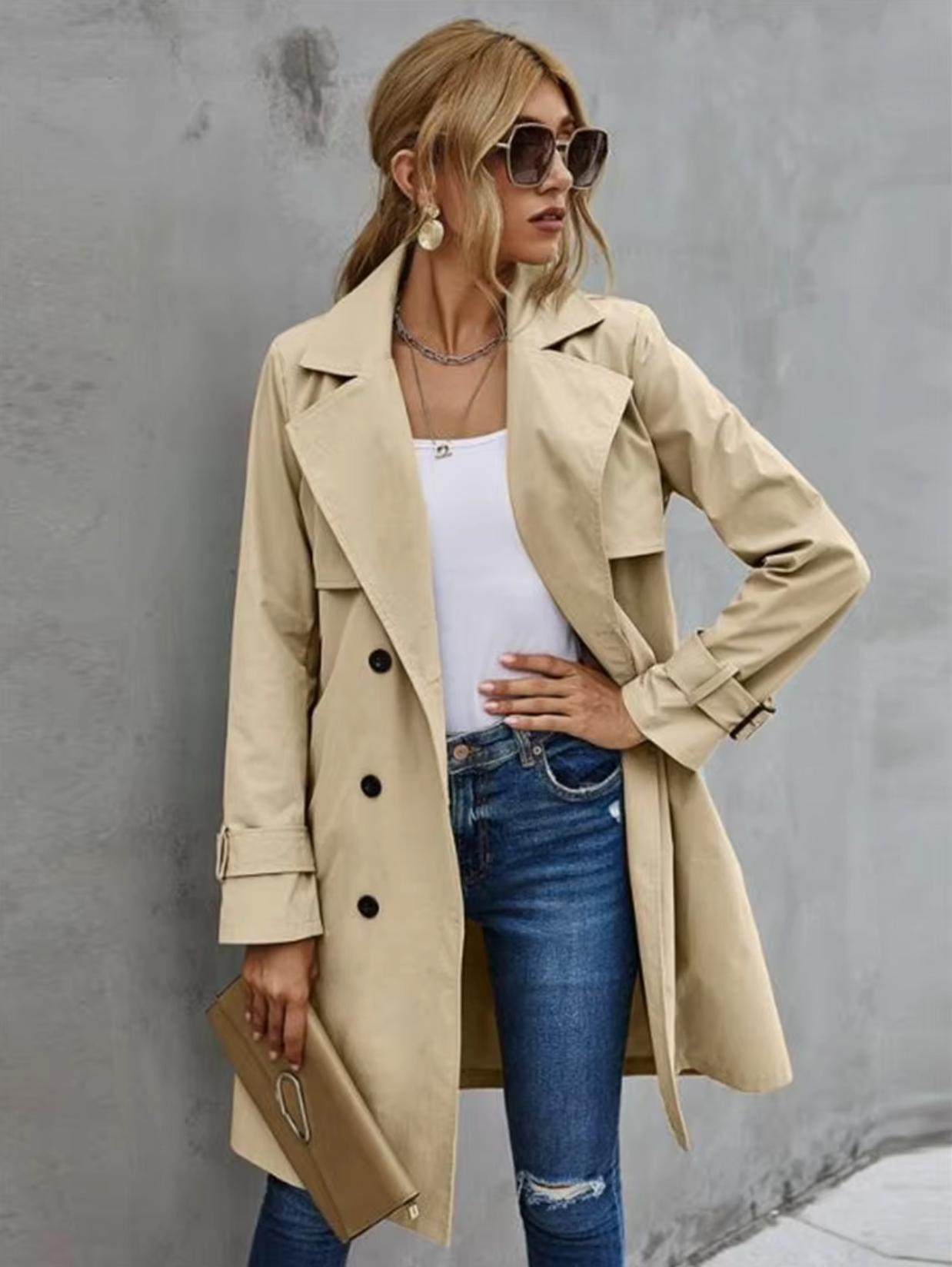 Damen Trenchcoat Doppelreihig Klassisch Schwarz - Norvielle