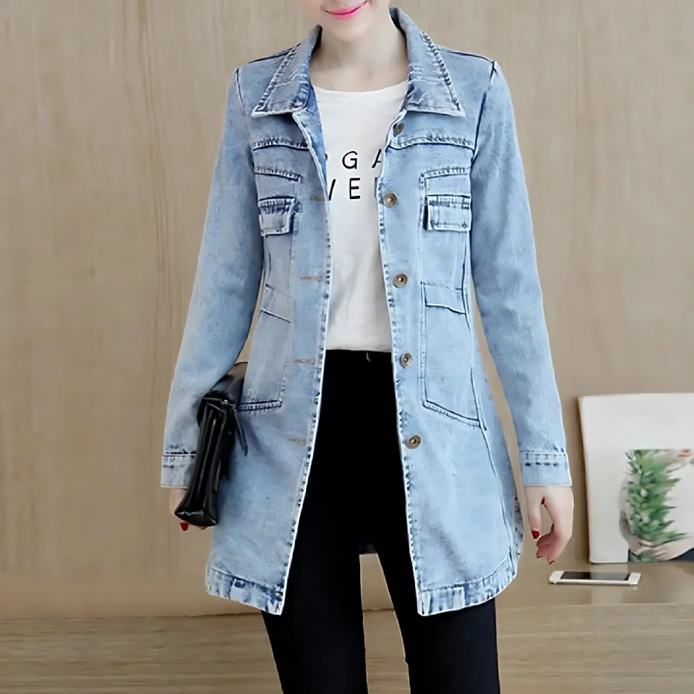 Damen Lange Jeansjacke Stickdetails Vintage Stil