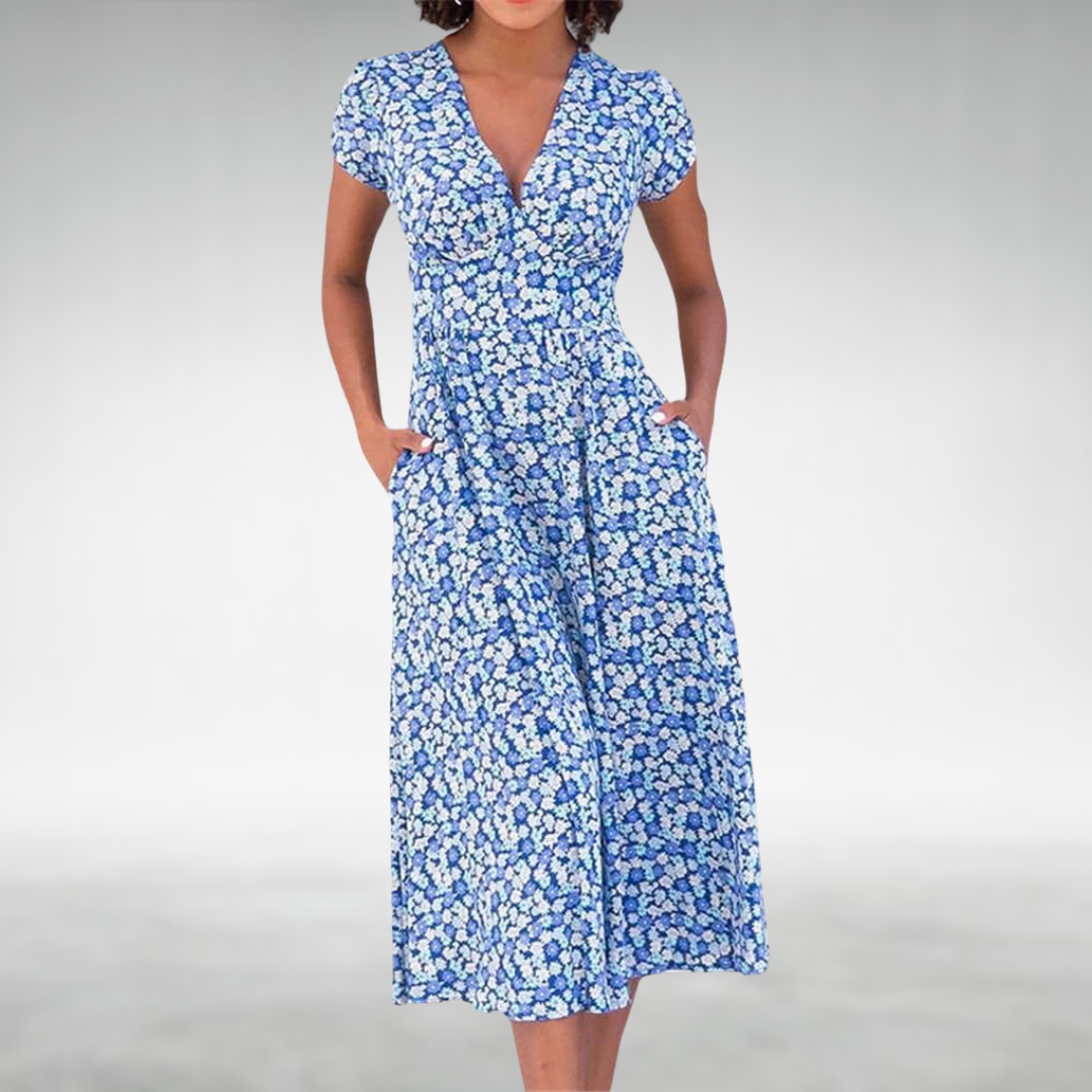 Damen Sommerkleid Blumenmuster Midi V-Ausschnitt mit Taschen - Norvielle