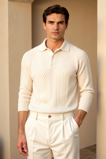 Klassischer Strickpullover Damen Polo Kragen Zopfmuster